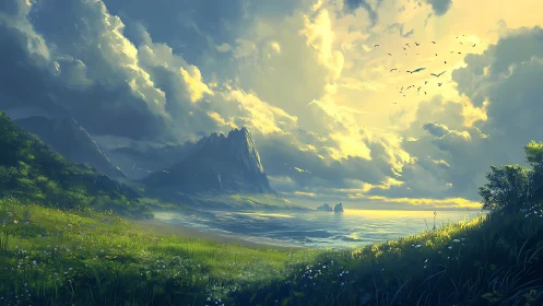 Mountainous Valley Dawn. Golden Light Pierces Clouds Above Verdant Meadow.