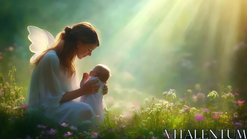 Ethereal fairy mother and child in luminous meadow tableau.