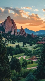 Sunlit sandstone spires watch over a winding emerald valley.