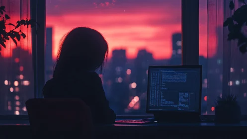 Person at computer near window overlooking sunset city skyline.