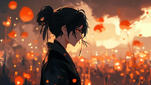 Melancholic anime figure in dusk-lit poppy field profile