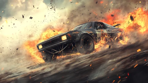 Dynamic 3D muscle car drifting through cinematic firestorm.