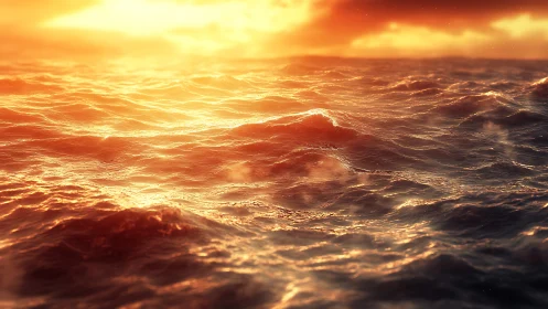 Burnished sunset waves shimmer across a molten ocean horizon.