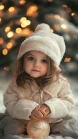 Child in winter coat holds glowing ornament in soft bokeh lights