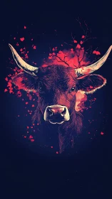 Bold crimson bull portrait glowing against night sky.