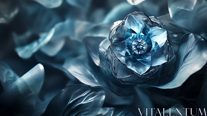 Metallic blue flower with crystalline center in close view.