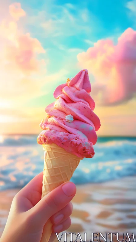 Vibrant soft-serve ice cream cone against pastel beach sunset.