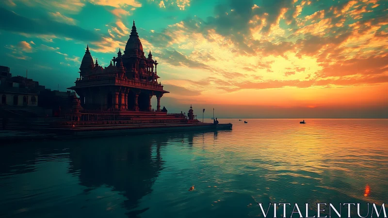 Riverside temple glows against a vivid turquoise and gold sunset