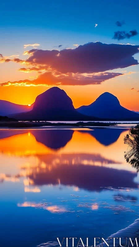 Gentle sunset mountains mirrored in a calm glowing lake.