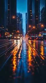 Rain-soaked city rails glowing with night traffic lights.