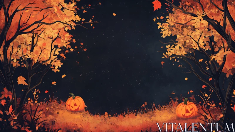 Cozy jack o&rsquo;lantern path glowing in a golden autumn forest.