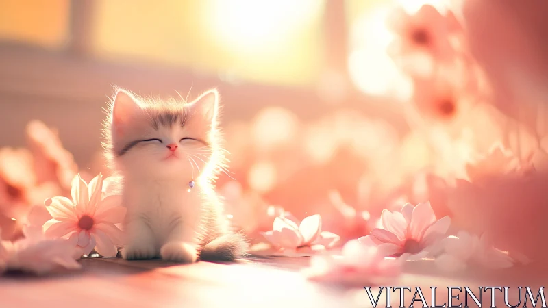 Serene white kitten surrounded by pink flowers and warm sunlight.