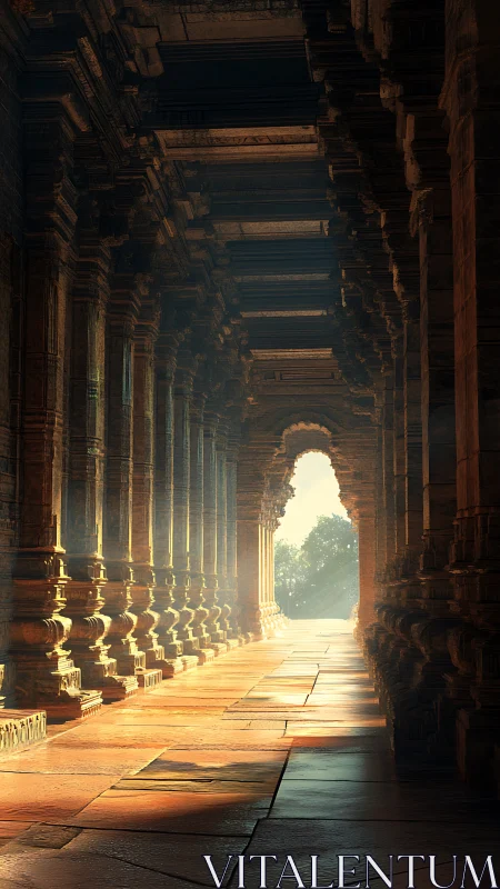 Sunlit ancient stone corridor leads toward a luminous archway.