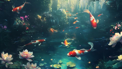 Koi pond with water lilies under filtered forest light.