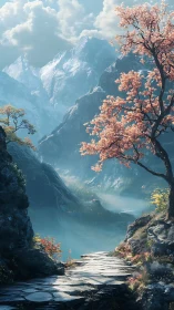 Serene stone path beneath blossom tree in misty mountains.