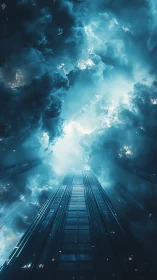Vertiginous cyber tower pierces storm-lit volumetric clouds
