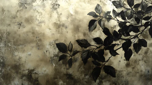 Dark leaf branch silhouette over textured gold wall.