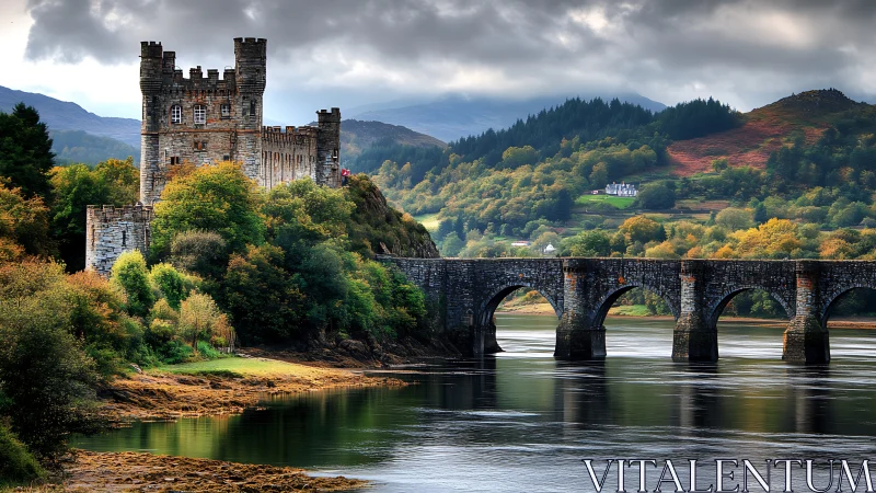 Stone castle overlooks river bridge under stormy sky.