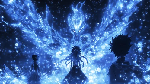 Mythic blue phoenix apparition confronting silhouetted trio.