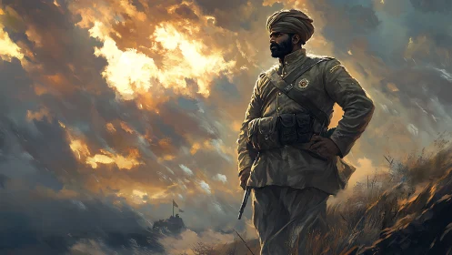 Gallant turbaned soldier stands strong beneath blazing skies