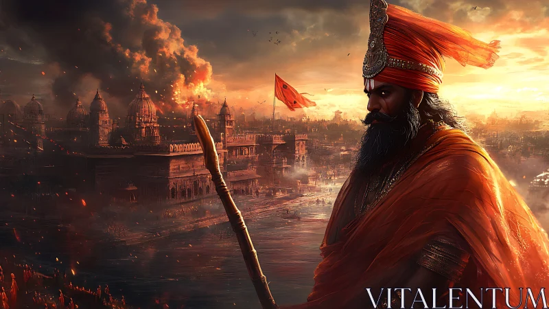 Warrior in orange robes before burning ancient city at dusk.