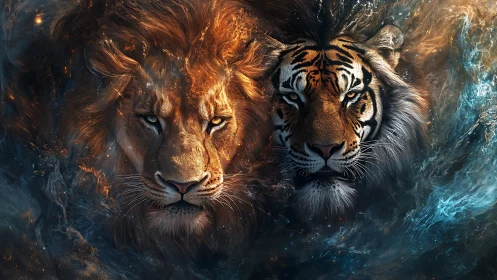 Leonine and Tigrine Apex Predators: Rendered Majesty with Volumetric Fire Dynamics