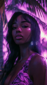 Neon-lit tropical portrait with glossy specular skin rendering.
