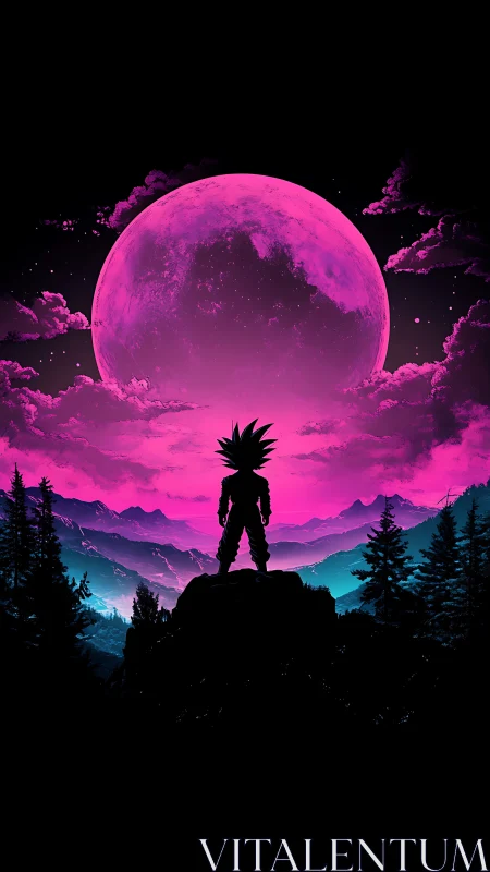Silhouetted warrior under neon pink moonlit mountainscape.