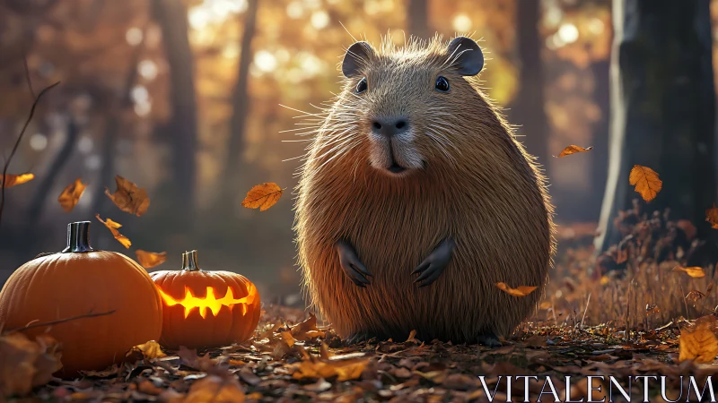 Rodent stands near carved pumpkins in shallow forest scene