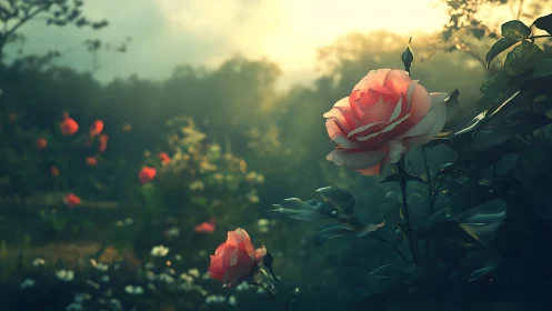Morning Light Bathes Pink Roses in a Golden Garden Mist