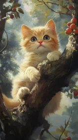 Orange and White Cat Perched on Branch Among Apple Tree Foliage