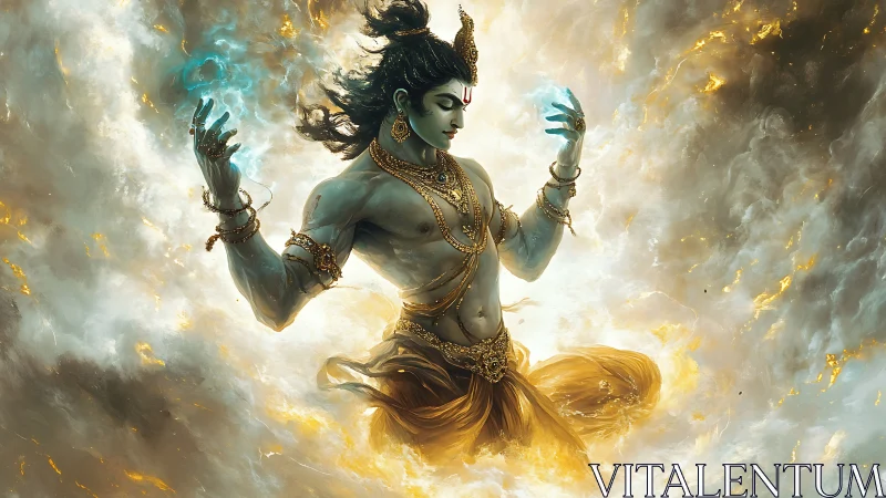 Mythic blue-skinned deity amid swirling golden clouds.