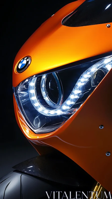 Radiant orange sport bike headlight glowing in the dark.