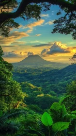 Sunlit rainforest valley embracing a distant gentle volcano.