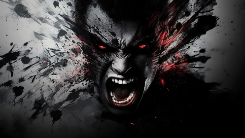 Exploding demonic visage in high-contrast digital abstraction.