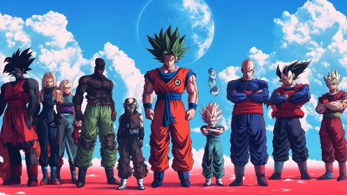 Planet-side warriors stand aligned beneath twin blue skies