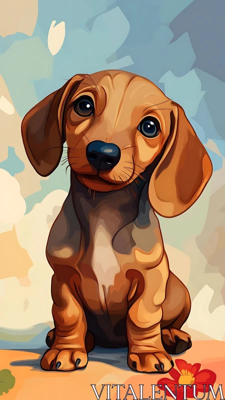 Brown dachshund puppy illustration sits on stylized floor