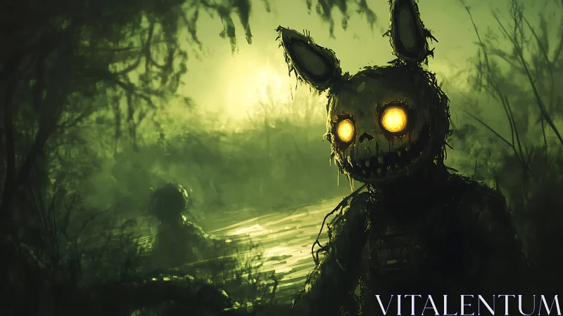 Glowing eyed rabbit figure wandering through eerie marshlands.