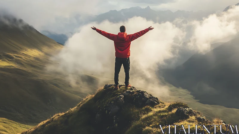 Solo hiker in red jacket commands misty alpine valley view.