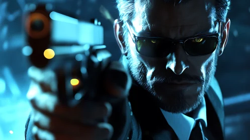 Intense gunman in dark suit aiming pistol at viewer.