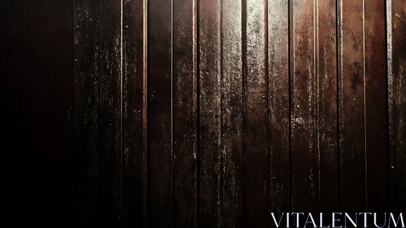 Weathered dark wooden planks catch narrow overhead light