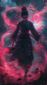 Stormlit spirit warrior wrapped in blazing crimson aura.