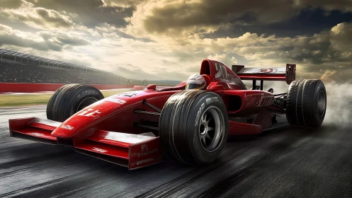 High-speed red formula race car powers through wet track.
