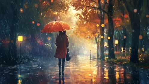 Figure under umbrella walks through wet tree lined pathway