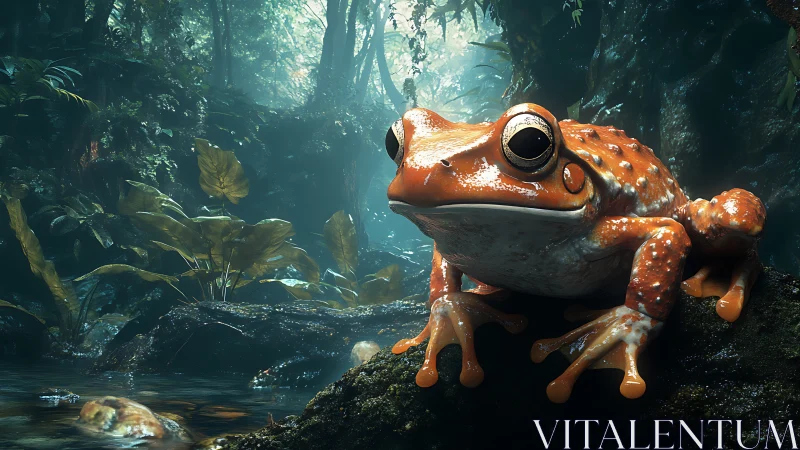 Orange frog perched on wet rock in dense rainforest.