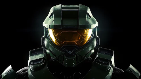 Armored sci fi soldier helmet close up on black background.