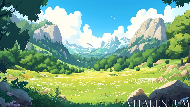 Sunlit mountain meadow opening into a peaceful green valley.