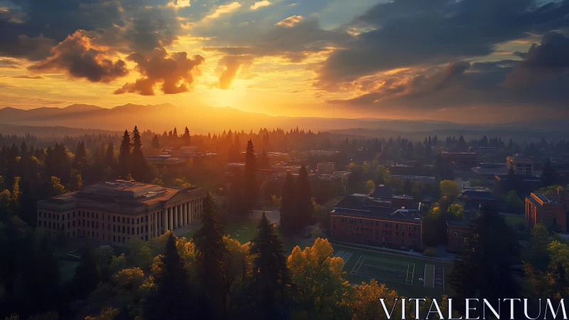 Golden sunset illuminates forested campus and sports field