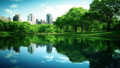 Urban skyline reflects in a calm park lake under clear sky