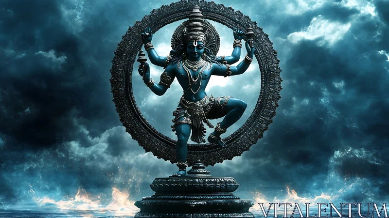 Divine Nataraja silhouette in storm-lit cyan celestial ocean.